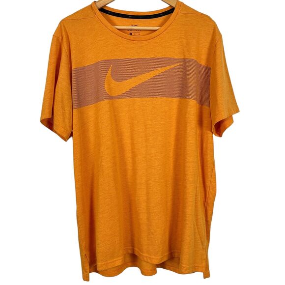 Nike Dri-Fit Mens Short Sleeve Perforated Workout Tee Shirt Orange Swoosh sz XL - Picture 1 of 16